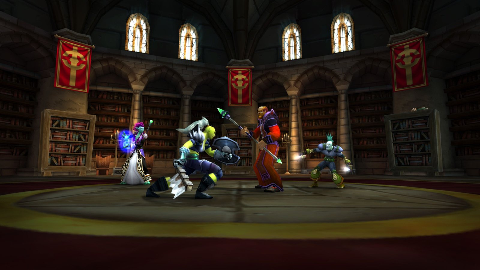 Players fighting a boss in one of the Scarlet Monastery dungeons.