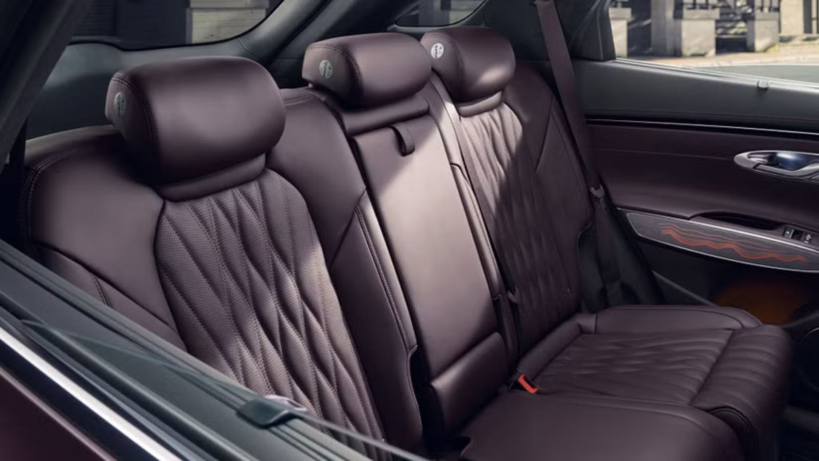 Shot of the rear leather seats in the Genesis GV70.