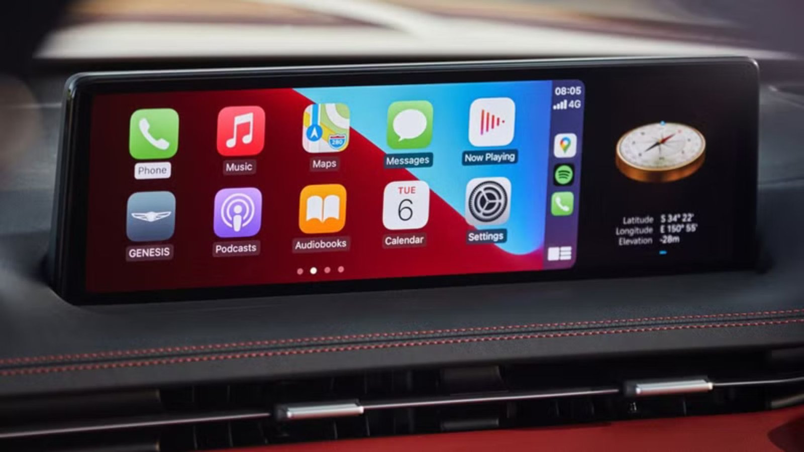 Close-up shot of the infotainment screen in a Genesis GV70, showing Apple CarPlay.