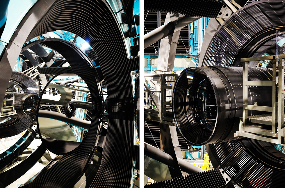 Two images show the inner parts of a telescope, with large mirrors and a camera housed inside a metal frame.