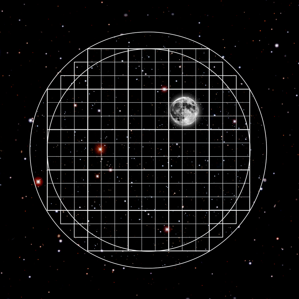 A circle with grid lines overlaying a night sky background with stars and a full moon.