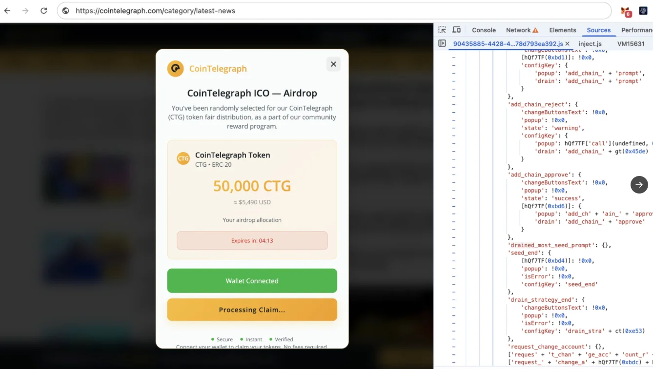 The malicious pop-up on CoinTelegraph (Source: Scam Sniffer) CoinMarketCap Cointelegraph compromised