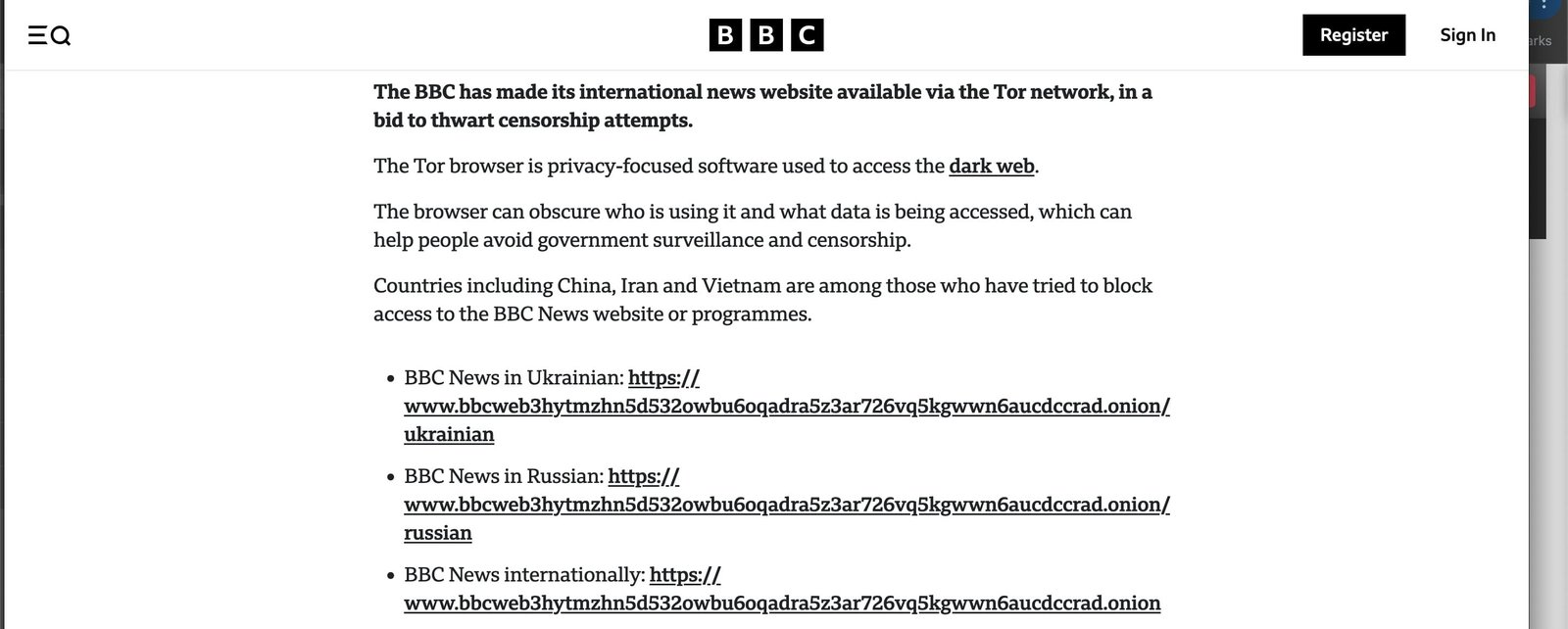 BBC article showing its onion addresses