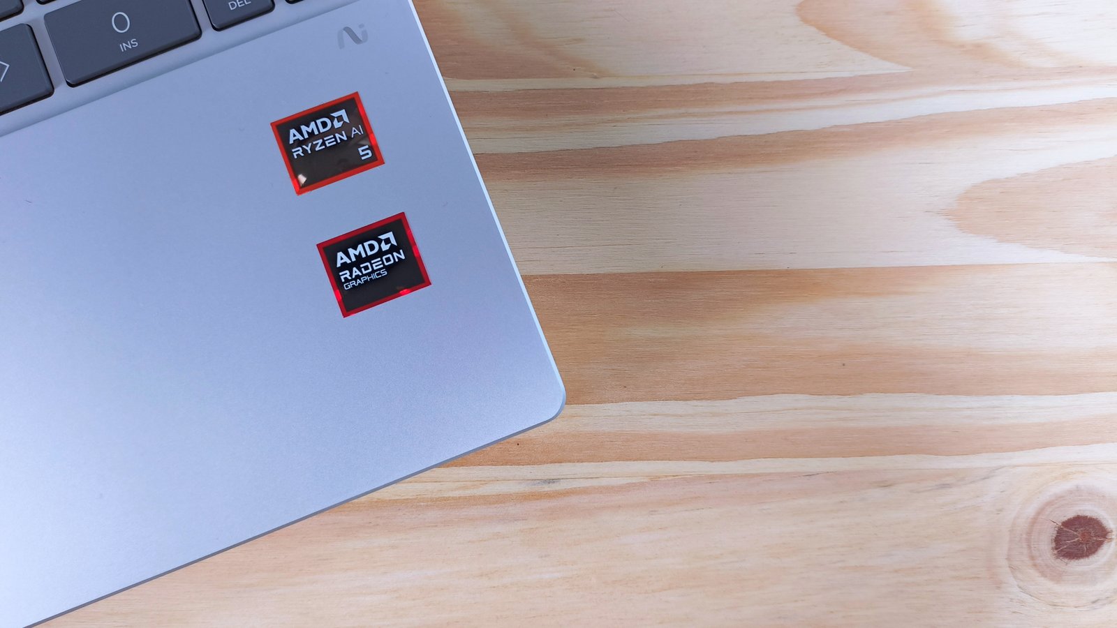 Close up of the AMD stickers on the HP Omnibook 5 Laptop AI