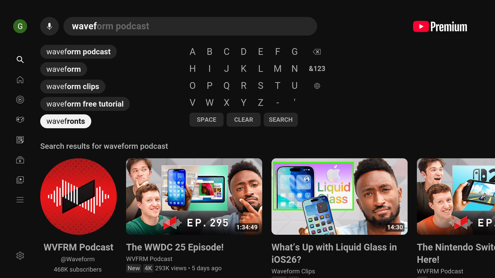 Searching for a podcast on YouTube's TV app