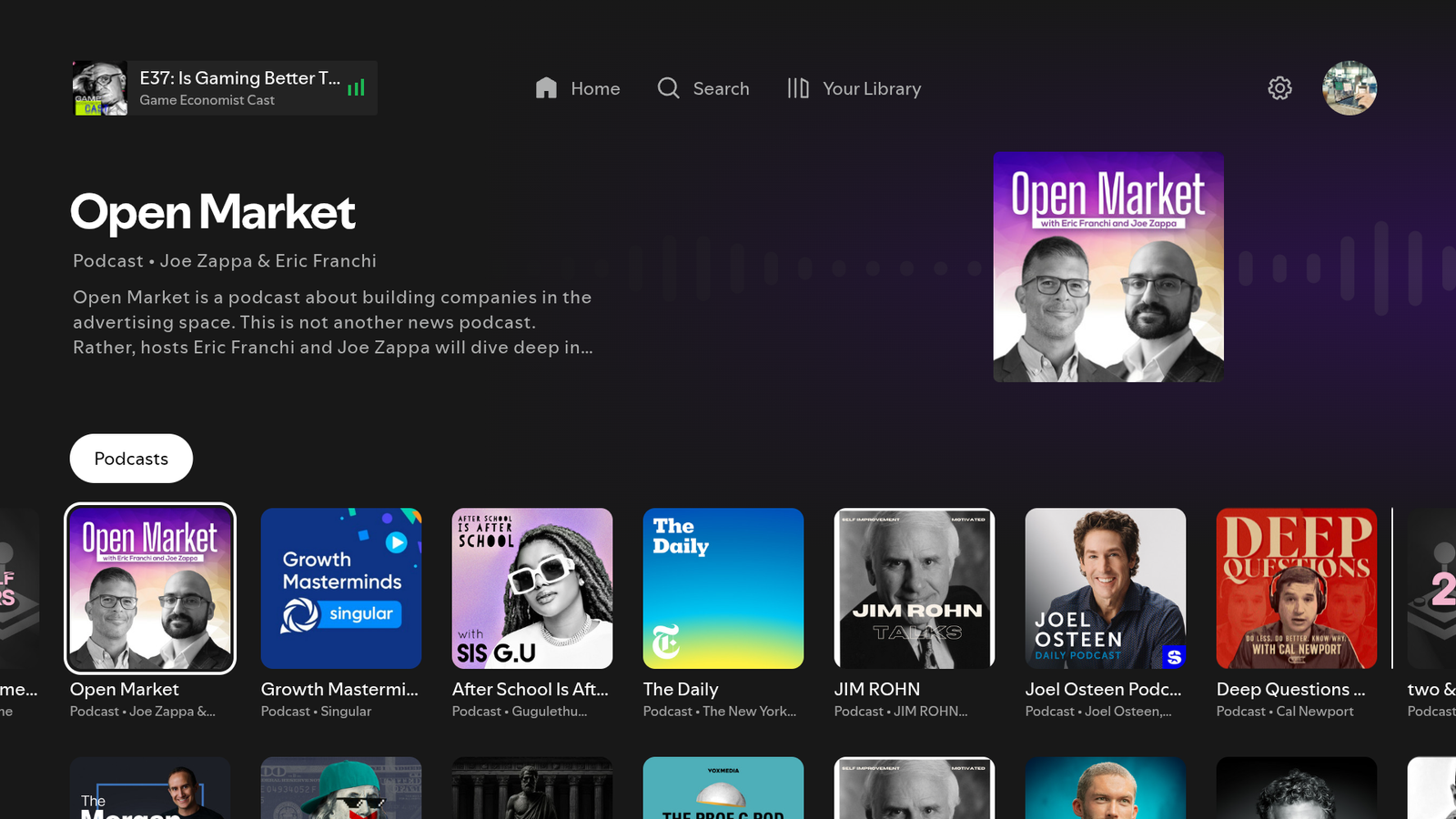 Podcasts tab in Spotify's TV app