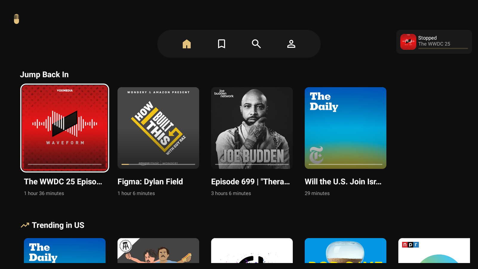 Capsule podcast app interface on Android TV