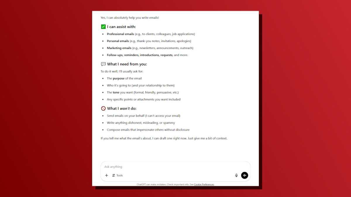 ChatGPT task write emails for you screenshot