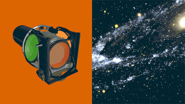 Animated image on the left shows an automated mechanism that switches color filters; an image on the right shows how each filter affects the exposures of stars and galaxies.
