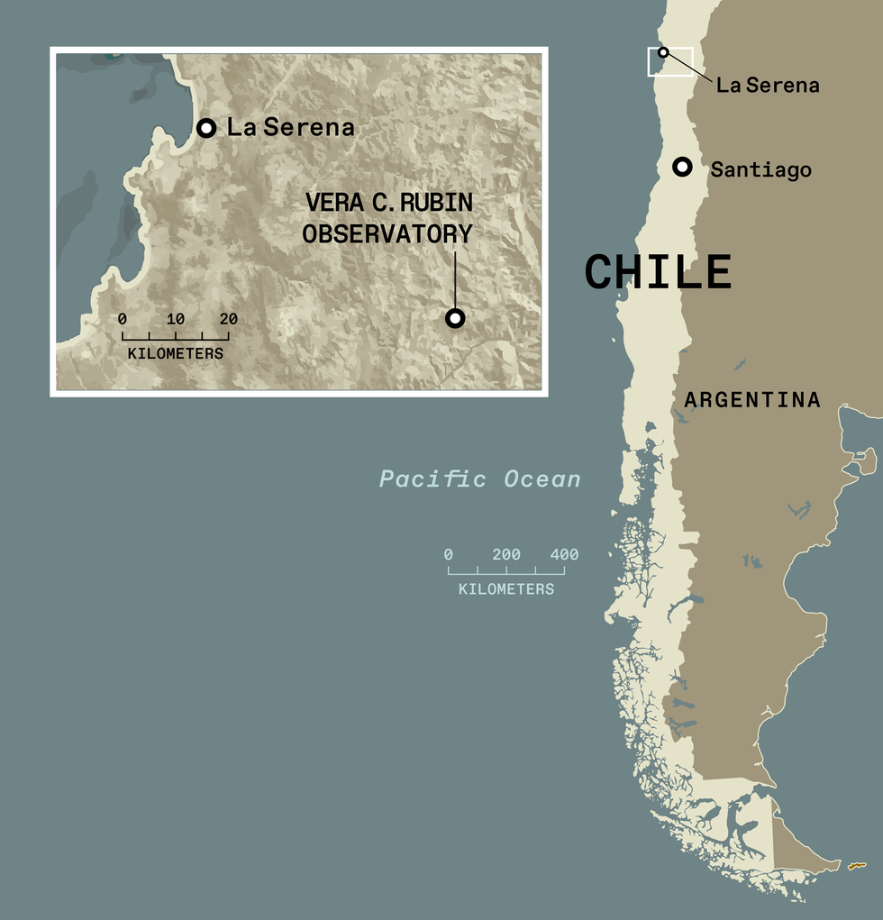 Map showing Vera C. Rubin Observatory in Chile, near La Serena and Santiago.