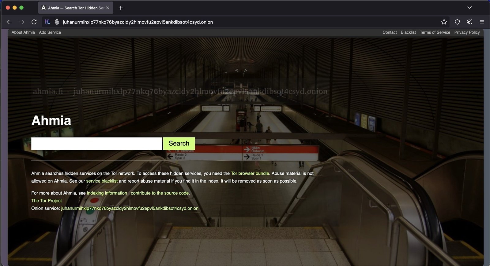 Ahmia search engine homepage